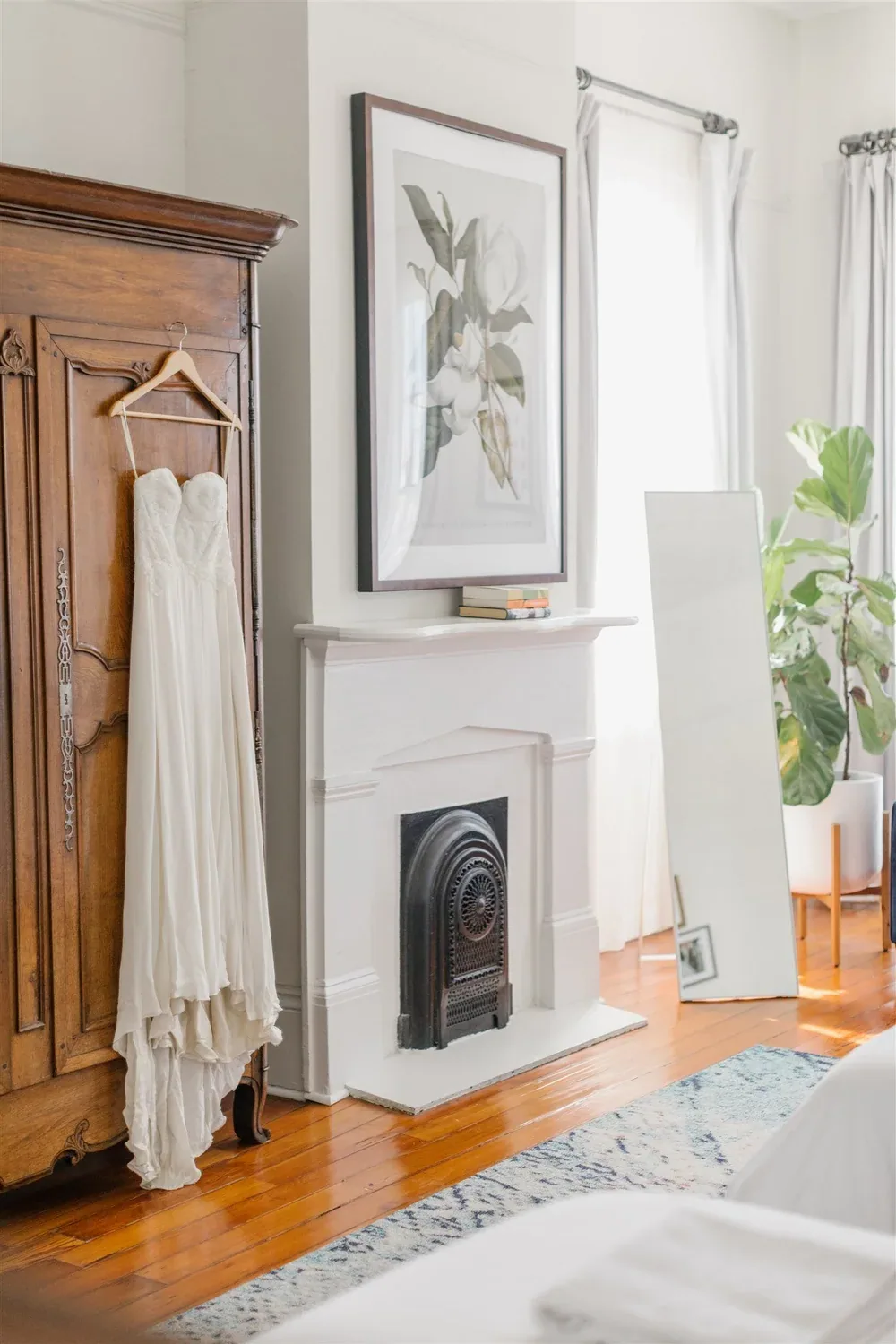 Wedding dress near a fireplace