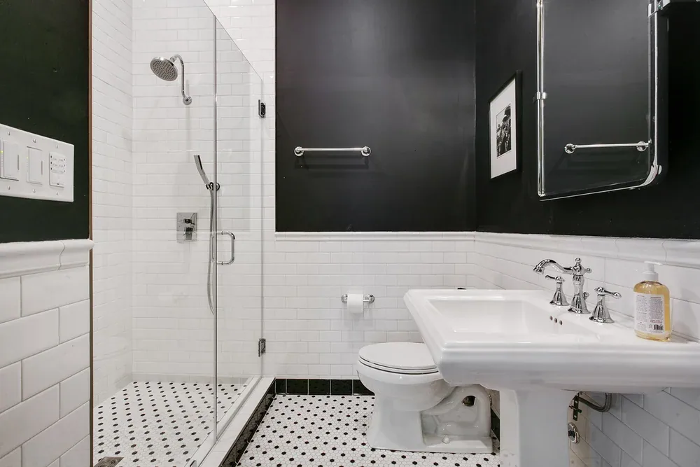 Bathroom sinks and shower area